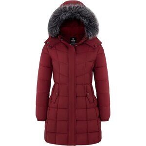 Women's Puffer Jacket Coat Red Lightweight Windproof Winter Faux Fur Design